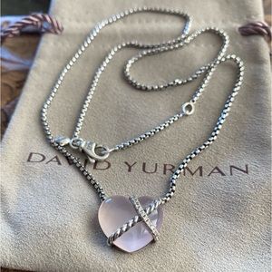 David Yurman Le Petit Coeur Heart Necklace with Milky Rose Quartz/Diamonds